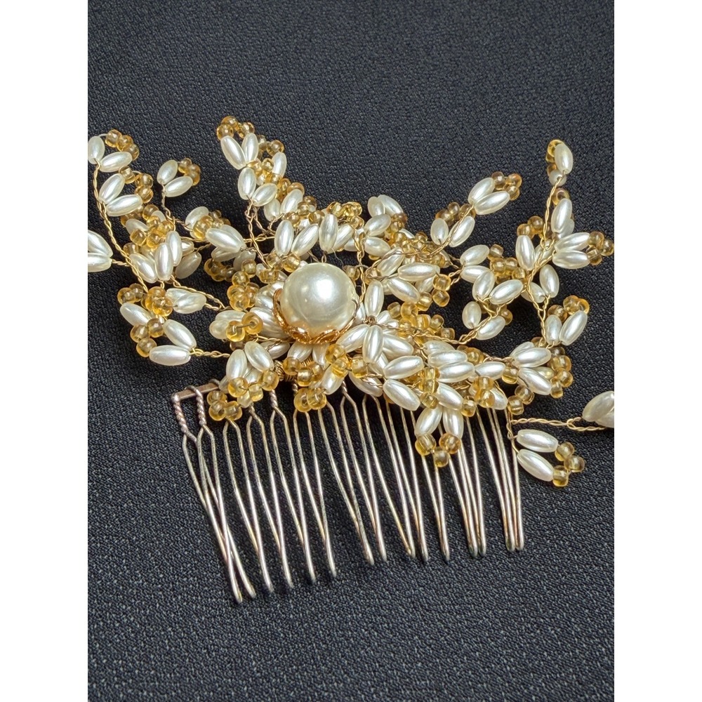 Vintage Pearl and Amber Bead Floral Metal Hair Comb Bridal Wedding Accessory - Picture 2 of 11